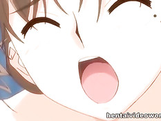 Грудастая хентай тёлка с косой увидела член и захотела его сосать