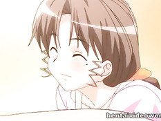 Грудастая хентай тёлка с косой увидела член и захотела его сосать