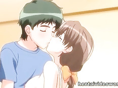 Грудастая хентай тёлка с косой увидела член и захотела его сосать