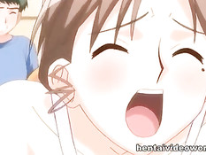 Грудастая хентай тёлка с косой увидела член и захотела его сосать