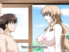 Грудастая хентай женщина отсасывает парнишке член и даёт в анал