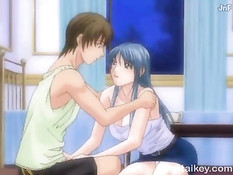 Две грудастые хентай подруги на кровати трахаются с одним парнем