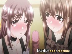 Две хентай девушки сосут парню член и дрочат большими сиськами
