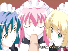 Хентай рабыни втроём отсасывают и трахаются со своим хозяином