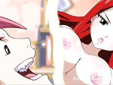 Аниме блондинка и девушка с красными волосами отсасывают член