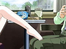 Хентай девчонка без трусиков в поезде трогает член парня ногой