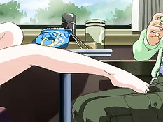 Хентай девчонка без трусиков в поезде трогает член парня ногой