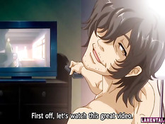 Парень сжимает большие сиськи хентай девки и ебёт в бритую киску