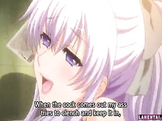 Парень сжимает большие сиськи хентай девки и ебёт в бритую киску