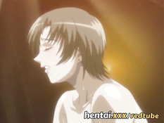 Грудастая хентай девка прыгает на члене и дрочит двум мужчинам