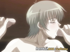 Грудастая хентай девка прыгает на члене и дрочит двум мужчинам