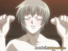 Грудастая хентай девка прыгает на члене и дрочит двум мужчинам