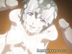 Грудастая хентай девка прыгает на члене и дрочит двум мужчинам