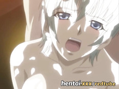 Грудастая хентай девка прыгает на члене и дрочит двум мужчинам