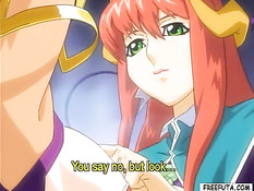 Рыжая хентай девчонка ласкает грудь и киску связанной подружке