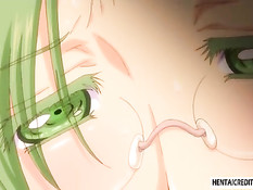 Озабоченный мужик лижет соски хентай девушке и дрочит сиськами