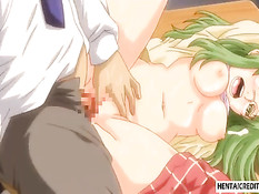 Озабоченный мужик лижет соски хентай девушке и дрочит сиськами