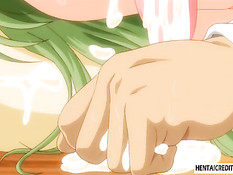 Озабоченный мужик лижет соски хентай девушке и дрочит сиськами