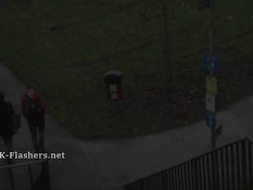 Блондинка эксгибиционистка показывает сиськи и выбритую киску