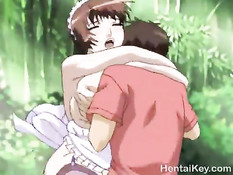 Грудастая хентай девушка отсасывает и ебётся в бамбуковом лесу