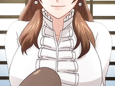 Сиськастая хентай женщина в чулках подрочила парню член ногой