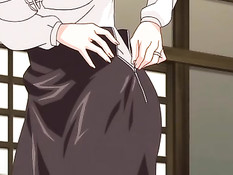 Сиськастая хентай женщина в чулках подрочила парню член ногой