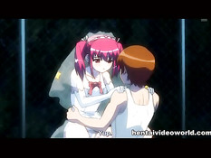 Аниме девка с красными волосами ебётся с парнем не снимая платья