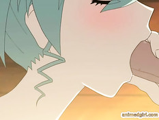 Хентай девчонка с маленькой грудью берёт в ротик здоровый член