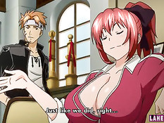 Грудастая хентай девчонка с красными волосами показывает сиськи