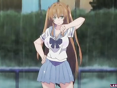 Молодой человек под дождём лижет киску грудастой хентай девке