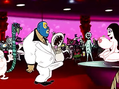 Грудастая аниме брюнетка раздевается и танцует стриптиз на сцене