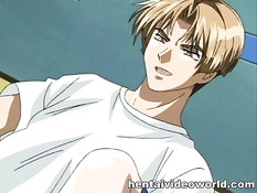 Светловолосый парень в коридоре оттрахал сисястую хентай девку