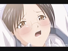 Парень в пиджаке лёг на хентай девчонку в очках и засадил член