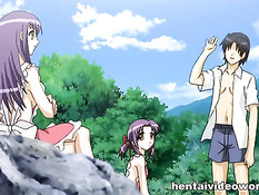 Голые хентай девушки на пляже занимаются сексом с одним парнем