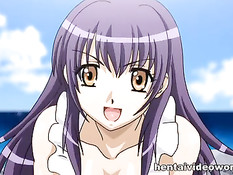 Голые хентай девушки на пляже занимаются сексом с одним парнем