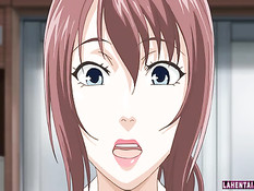 Сисястая хентай красотка раздевается и ебётся с парнем на кровати