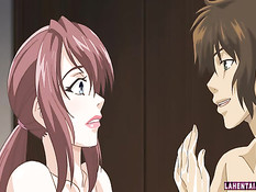 Сисястая хентай красотка раздевается и ебётся с парнем на кровати