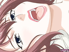 Сисястая хентай красотка раздевается и ебётся с парнем на кровати