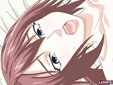 Сисястая хентай красотка раздевается и ебётся с парнем на кровати