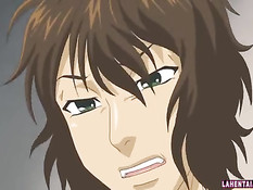 Сисястая хентай красотка раздевается и ебётся с парнем на кровати