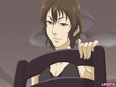 Сисястая хентай красотка раздевается и ебётся с парнем на кровати