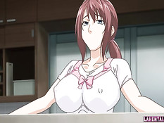 Сисястая хентай красотка раздевается и ебётся с парнем на кровати