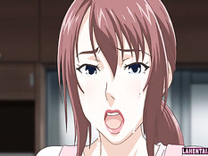 Сисястая хентай красотка раздевается и ебётся с парнем на кровати