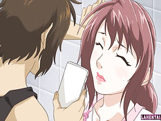 Сисястая хентай красотка раздевается и ебётся с парнем на кровати