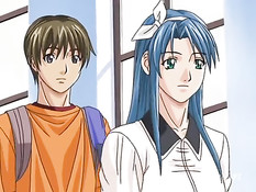 Опытная хентай женщина отсасывает парню член и дрочит сиськами