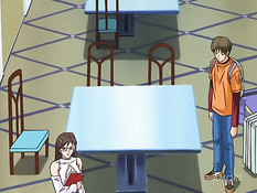 Опытная хентай женщина отсасывает парню член и дрочит сиськами