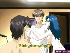 Хентай девчонка с голубыми волосами отсасывает парню в позе 69