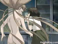 Две девчонки вместе с пареньком оттрахали злую хентай лесбиянку