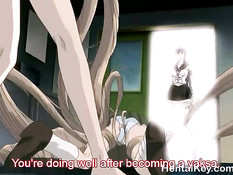 Две девчонки вместе с пареньком оттрахали злую хентай лесбиянку