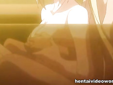 Светловолосая аниме девушка с хвостиками дрочит парню в ванной